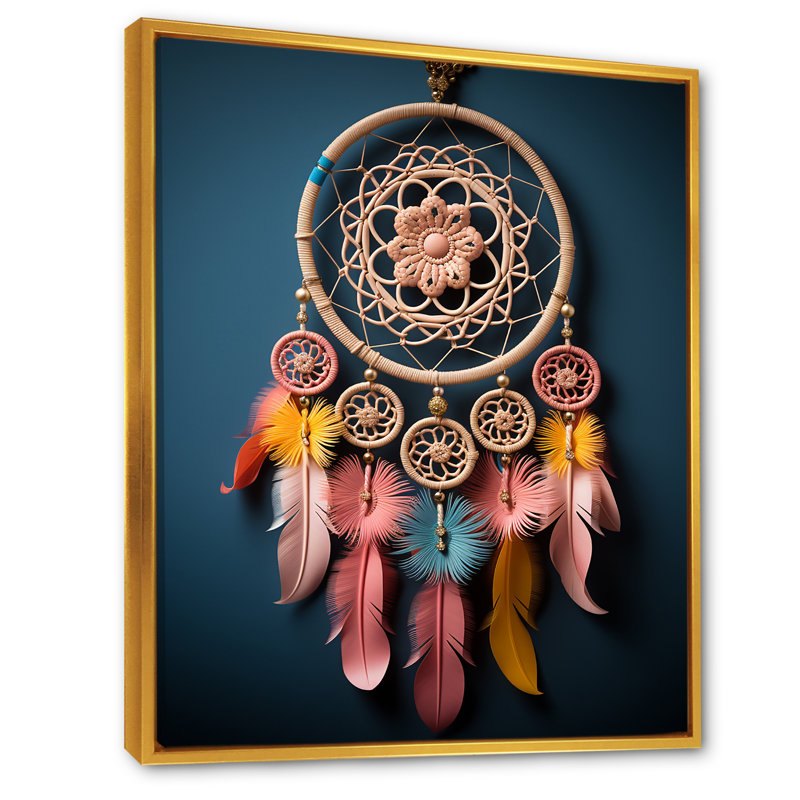 "Capteur de rêves amérindien rose et bleu", Cadre flottant doré, H 40 po x l 30 po x P 1,5 po