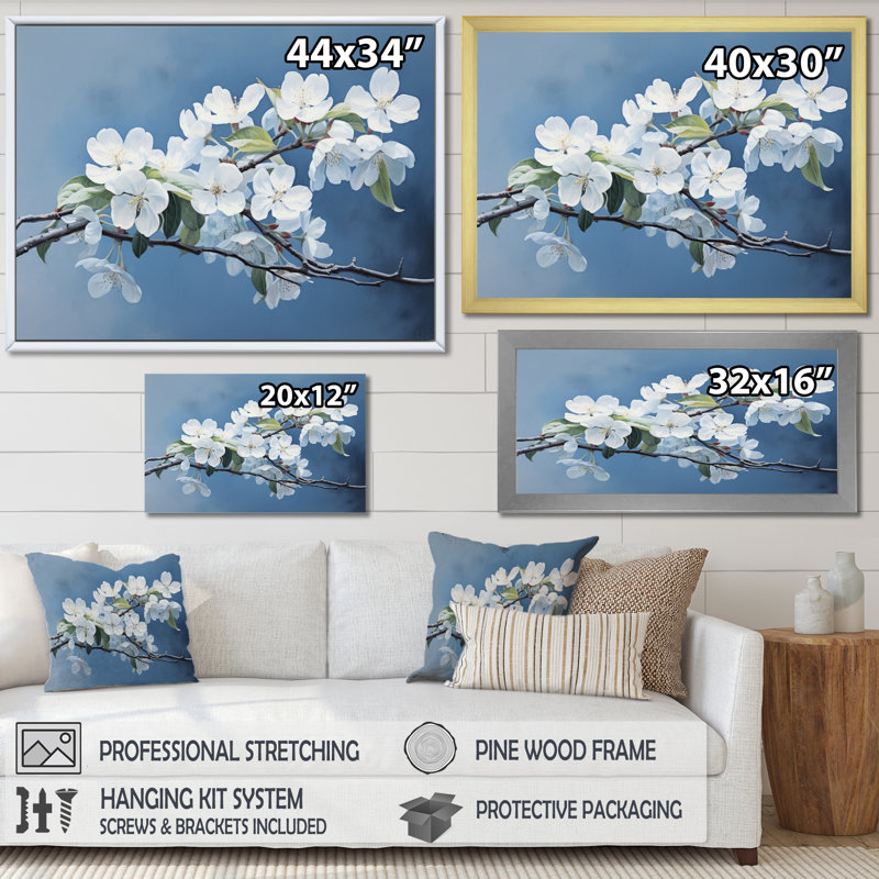 «Apple Blossom Elegance Monochromatique», reproduction sur toile encadrée, H 12 po x l 20 po x P 1 po, Cadre photo argenté