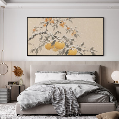 Très grande reproduction d'art sur tissu - Branches d'agrumes enneigées avec fruits jaunes pour le salon ou la chambre à coucher - «Assemblage requis du cadre (cadre non fini)»
