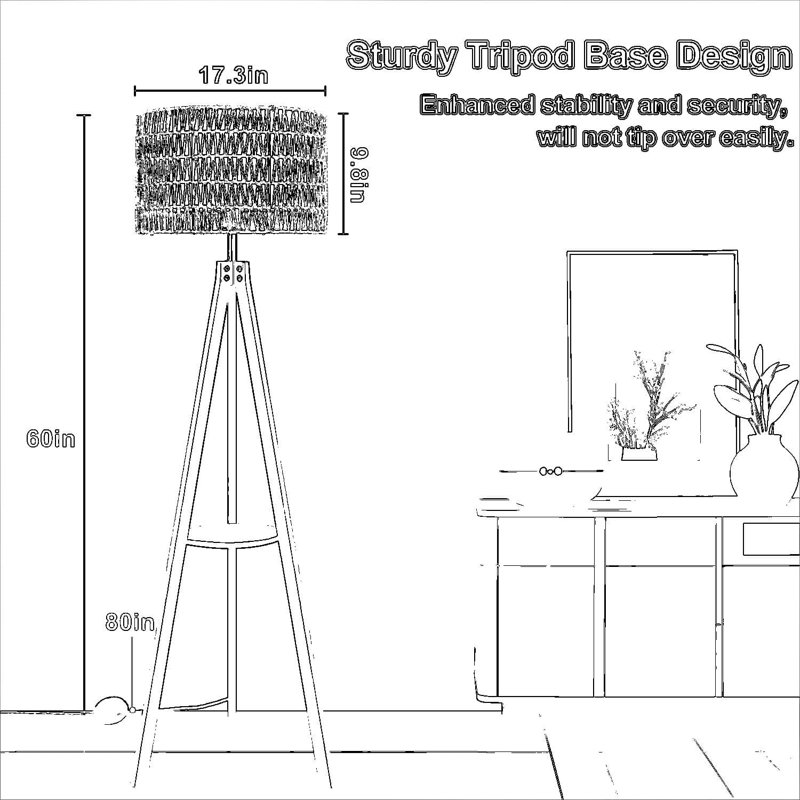 Boho Rattan Floor Lamp With Shelf And Bulb Included, Adjustable 3-Color Temperature Tripod Floor Lamp With Foot Switch, Rustic Wood Standing Lamp For Living Room And Bedroom