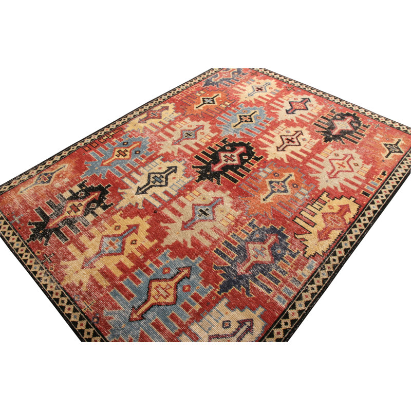 Distressed Homage Hand Knotted Wool Geometric Area Rug in Red, Black, Yellow, Blue, Orange, Rectangle 10' x 14'