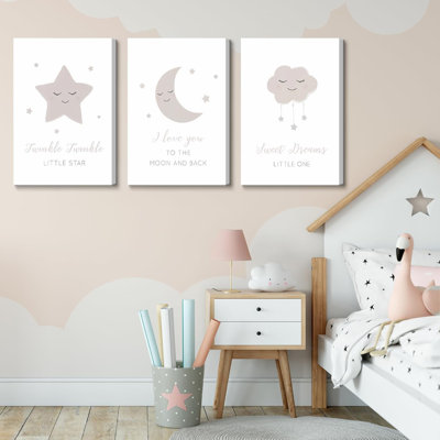 Framed Nursery Wall Art Beige Boho Moon Stars Cloud Canvas Wall Decor Neutral Nordic Baby Gentle And Sweet Cartoon Pictures Prints Posters For Boys Girls Bedroom Kids Room Ready To Hang 16X24inx3