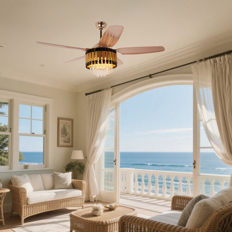 Ventilateur de plafond en cristal doré avec lumière DEL et télécommande, intensité variable 3 couleurs