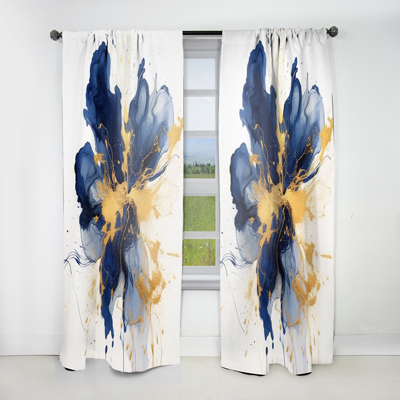 Rideaux en velours abstrait bleu foncé et or I - 1 panneau, L 52 po x L 108 po