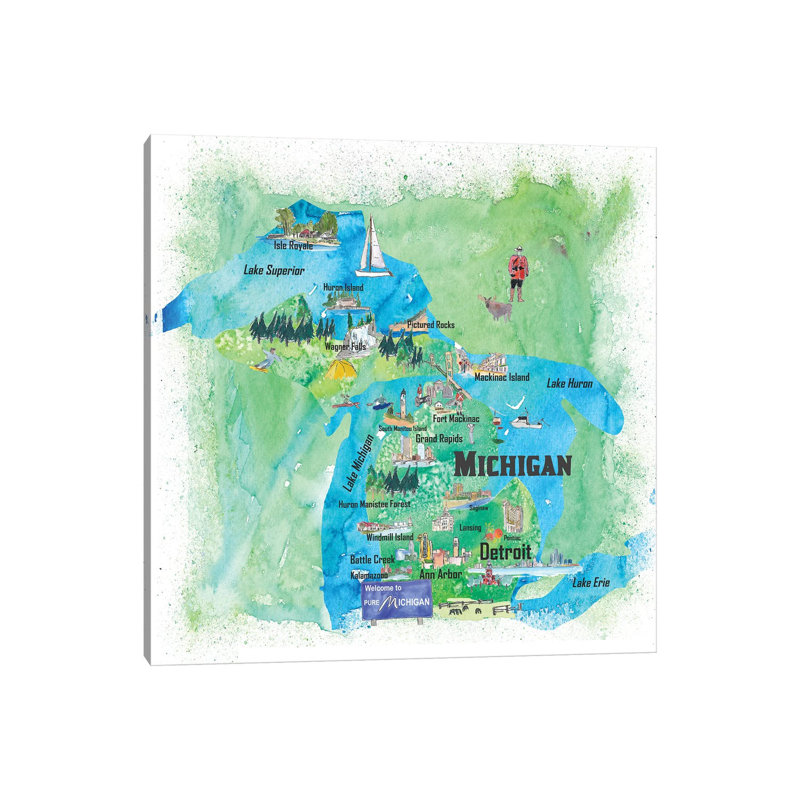 USA, Michigan Illustrated Travel Poster by Markus & Martina Bleichner - Wrapped Canvas Print