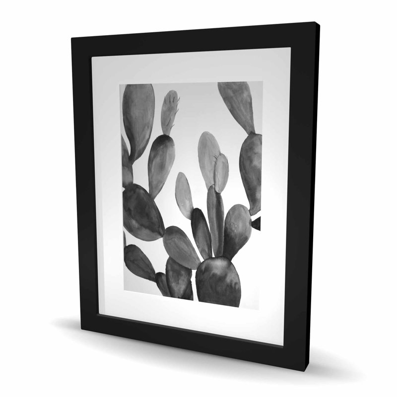 Cactus en niveaux de gris - imprimé floral encadré mat noir