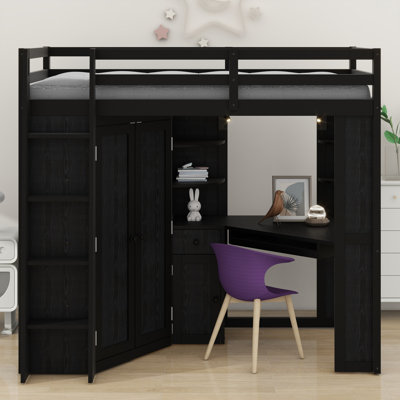 Lit mezzanine tout-en-un avec grande armoire, bureau, plateau à clavier coulissant et port de charge
