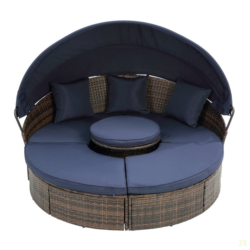 KD Rattan Round Lounge With Canopy Bali Canopy Bed Outdoor, Wicker Outdoor Sofa Bed With Lift Coffee Table, Navy Blue