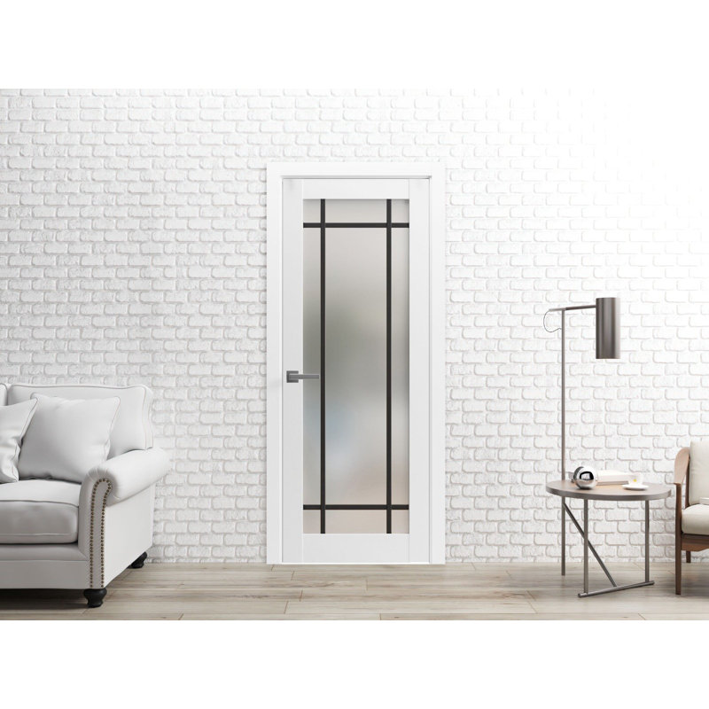 Porte française solide unie | Verre givré Planum 2112 | Poignée simple à panneau régulier | Salle de bain, Blanc