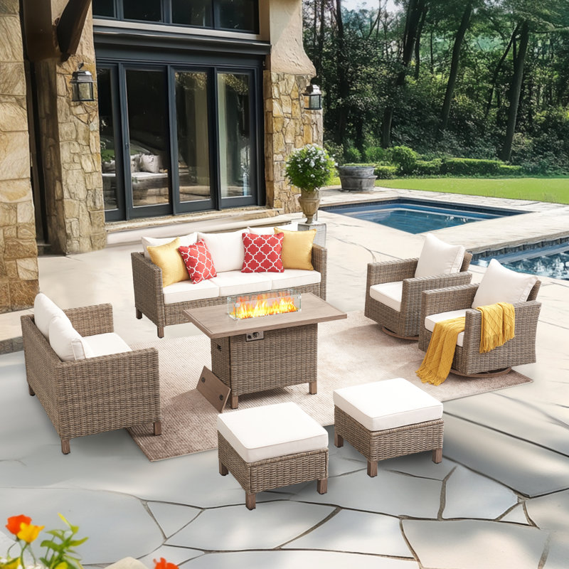 Ensemble de conversation d'extérieur en osier pour 9 personnes avec chaises pivotantes, Beige