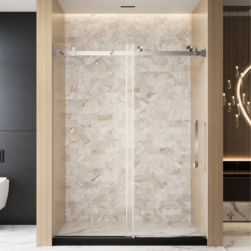 Bathroom Single Sliding Shower Door 56 - 60 "W X 76" H, 1/4"  6 Mm  Clear Tempered Glass With Film, Stainless Steel Square Tube Track And Handle In Brushed Nickel, American Design, Smooth Moving