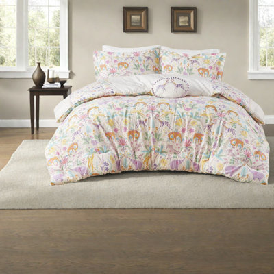 Ensemble de literie réversible à motif floral en coton, 4 pièces avec coussin décoratif, double / grand