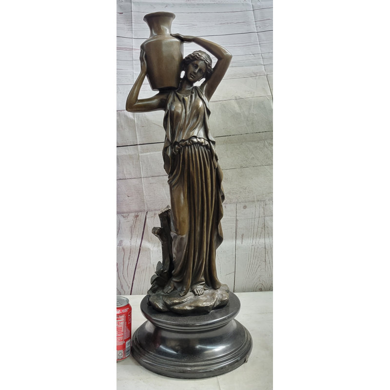 Bronze Greek Roman Woman Carrying Jug Statue with Marble Base