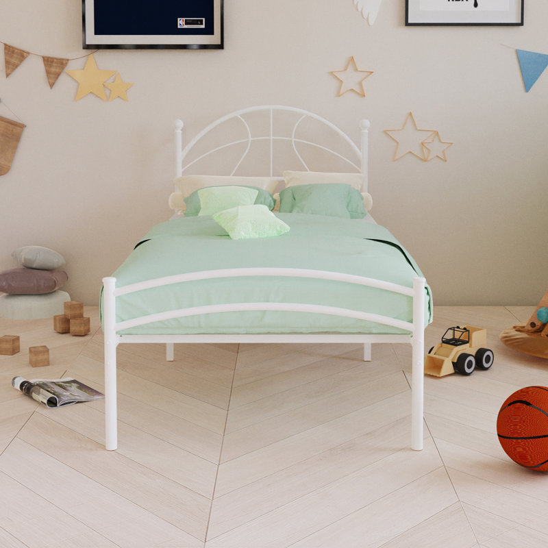 Metal Twin Bed Frame With Basketball Shaped Headboard, White
