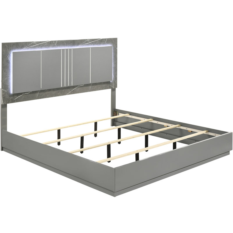 Structure de lit moderne gris grand lit, finition bicolore ultrabrillante en marbre et laque, éclairage à DEL sur la tête de lit, pieds en métal, structure en bois massif, sommier tapissier nécessaire pour un lit de taille de chambre à coucher, DEL intégrée
