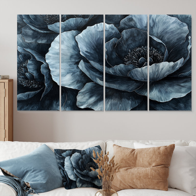 «Blue Mid Night Harmony Peoies II» - Art mural sur toile - Art mural traditionnel, H 32 po x l 64 po, 4
