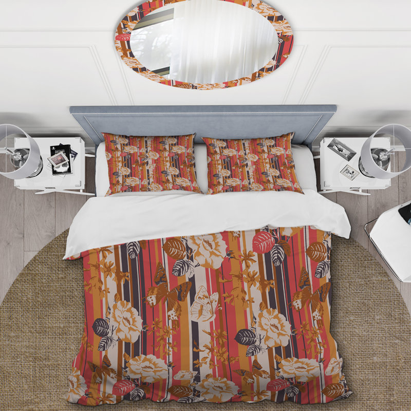 Fleur crème et feuilles grises - ensemble de housse de couette floral - microfibre de polyester