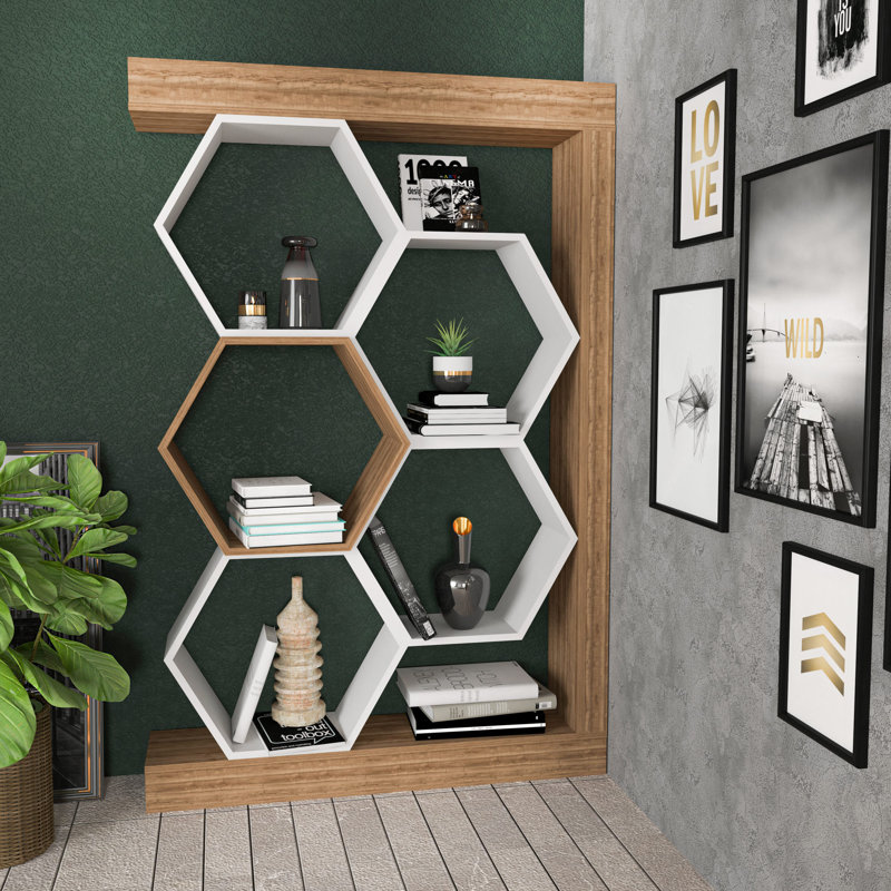 Bibliothèque moderne moderne, blanche et noyer, 55,1 x 9,7 x 55,1 pouces | 100% panneau de particules enduit de mélamine, épaisseur: 0,7 pouce | Solution de rangement élégante pour la maison et le bureau, design durable et élégant