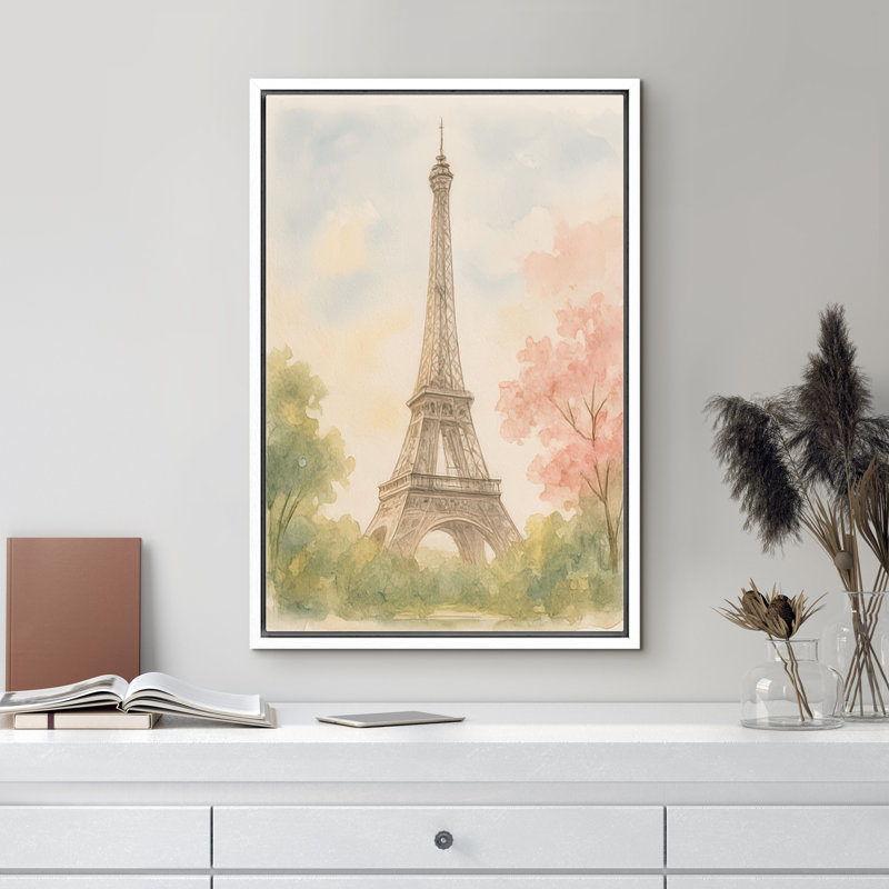 Tour Eiffel Paris Landmark avec doux arbres verts et roses, décoration murale, impression sur toile encadrée