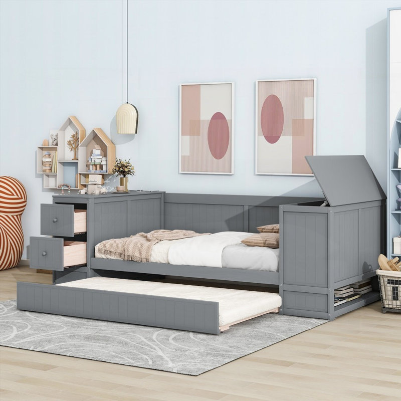 Lit de jour simple avec rangement - aucun sommier nécessaire, robuste et amp; Durable, gris