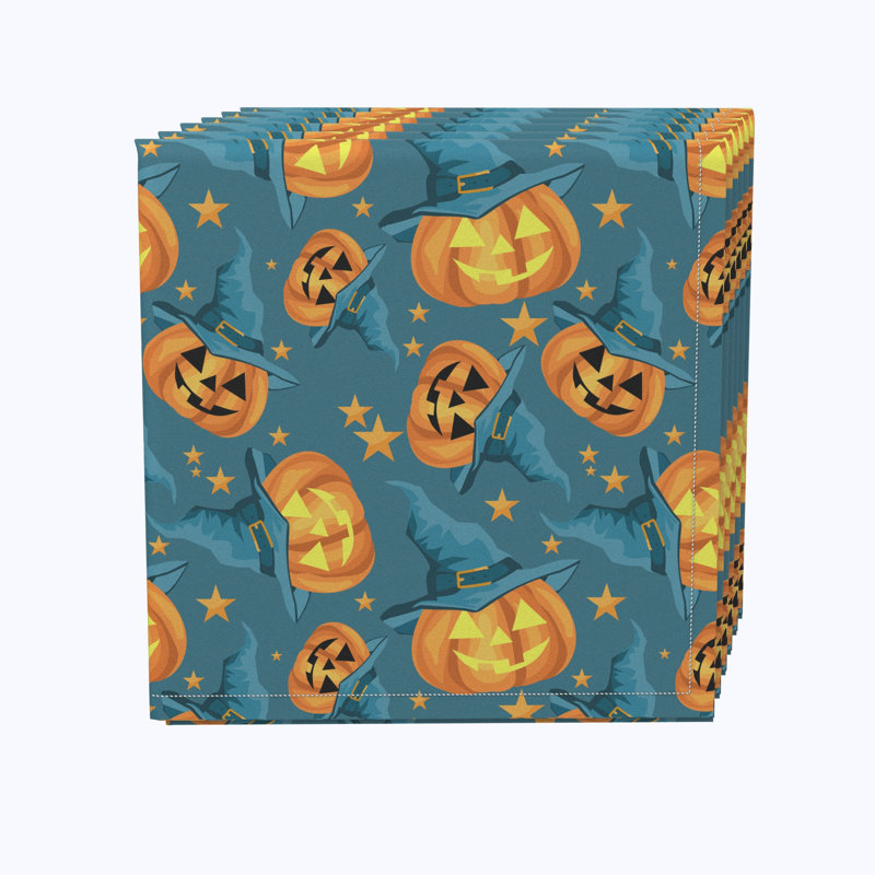 Polyester Floral Square Napkin, Pumpkin Witch Hat and Stars