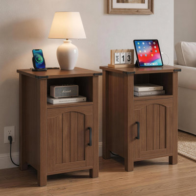 Set of 2 Farmhouse Rustic Nightstands with Charging Station, 15.7" W x 24" H, Walnut