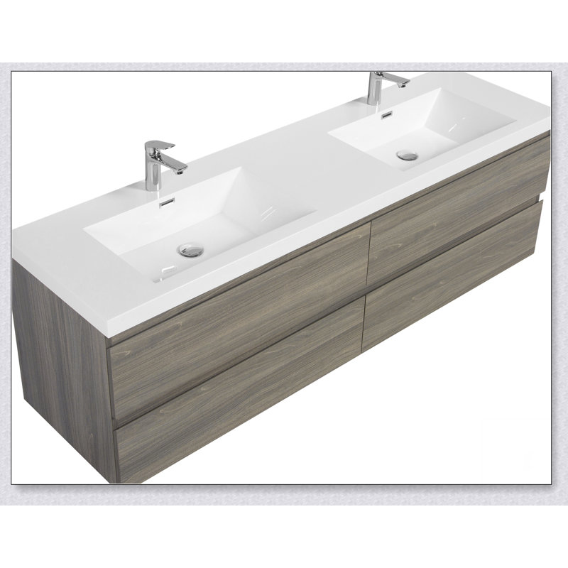 Meuble-lavabo flottant avec lavabo, meuble-lavabo mural moderne avec deux lavabos en quartz et quatre tiroirs à fermeture en douceur, 24V12-72GR