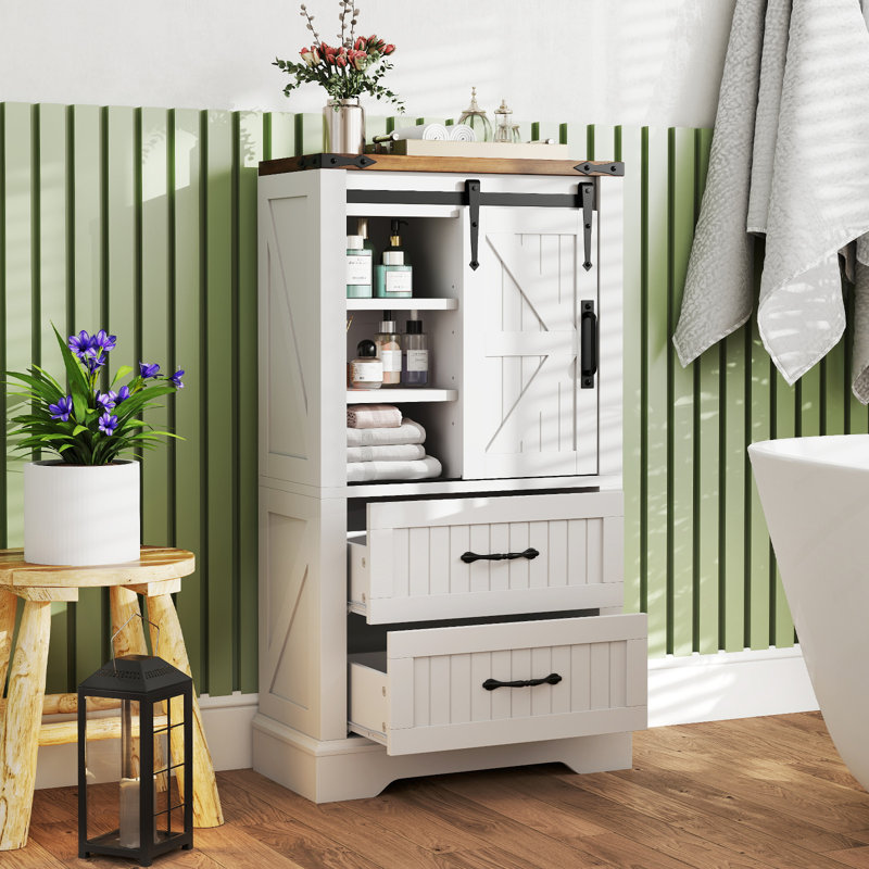 Farmhouse Bathroom Floor Cabinet w/Sliding Door Adjustable Shelves & 2 Drawers