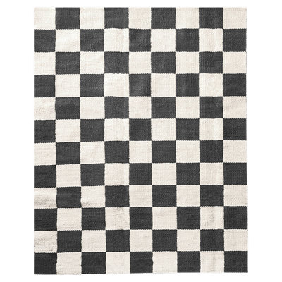 Rectangle Checkered Handmade Flatweave Wool Area Rug in Black/White