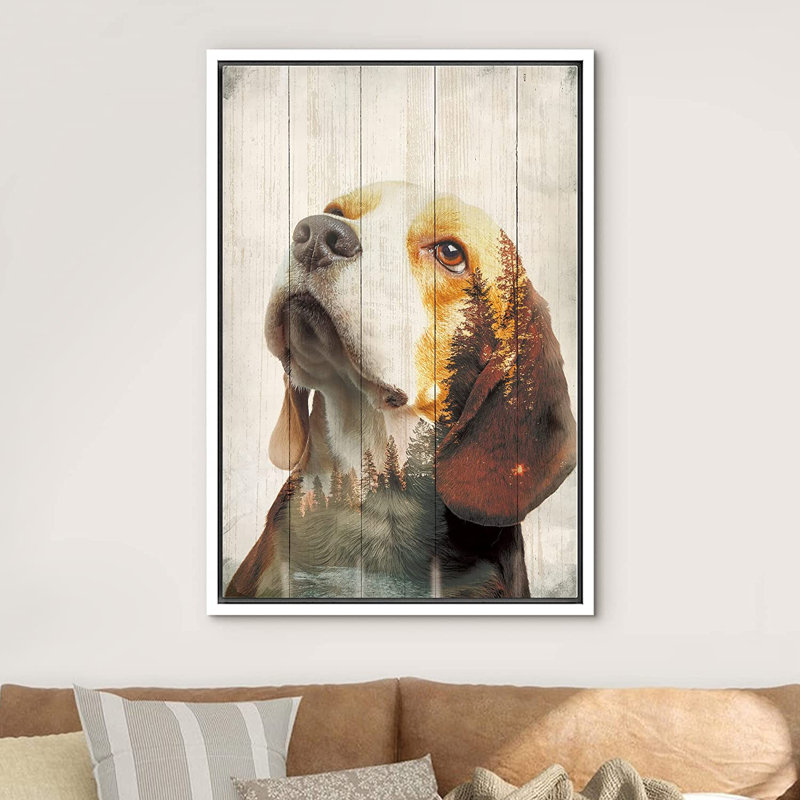 "IDÉE4WALL", reproduction d'art sur toile, exposition double, chien beagle et animaux de la forêt, technique mixte, art moderne, portrait rustique, dramatique, chaleureux pour le salon, la chambre à coucher, le bureau