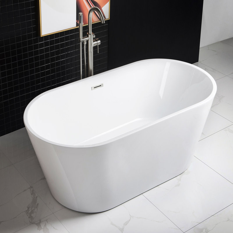 59'' x 29.5'' Freestanding Soaking Acrylic Bathtub, Brushed Nickel, White