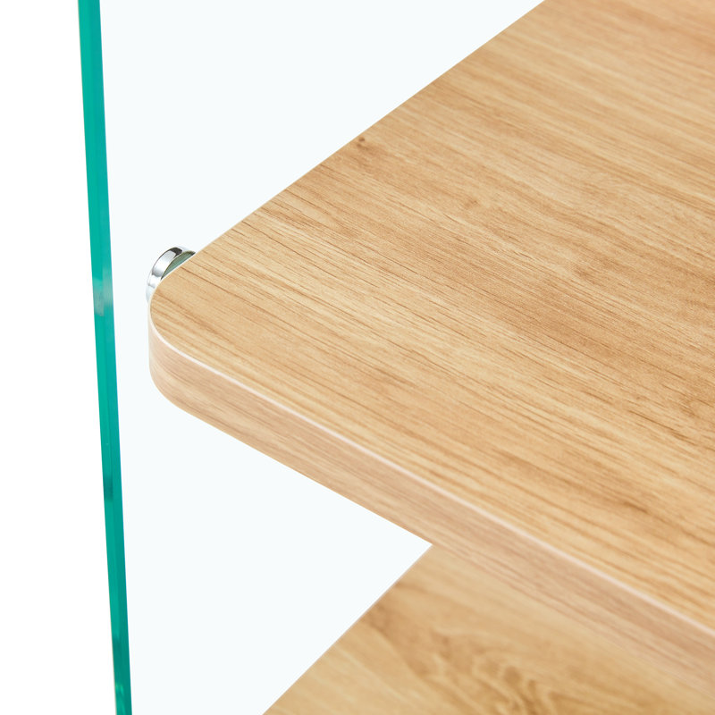 Three-layer bedside cabinet: mdf with wood stickers, tempered glass sides, simple elegant design, ample storage (110 characters)