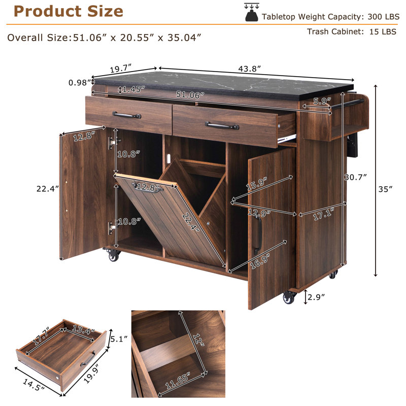 Charlis Wood Kitchen Cart, Black, Walnut Brown