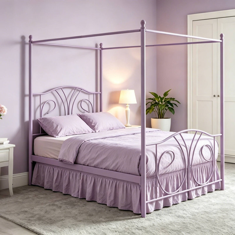 Lit simple à baldaquin en métal avec tête de lit et rangement, lit plateforme pour enfants moderne, Mauve