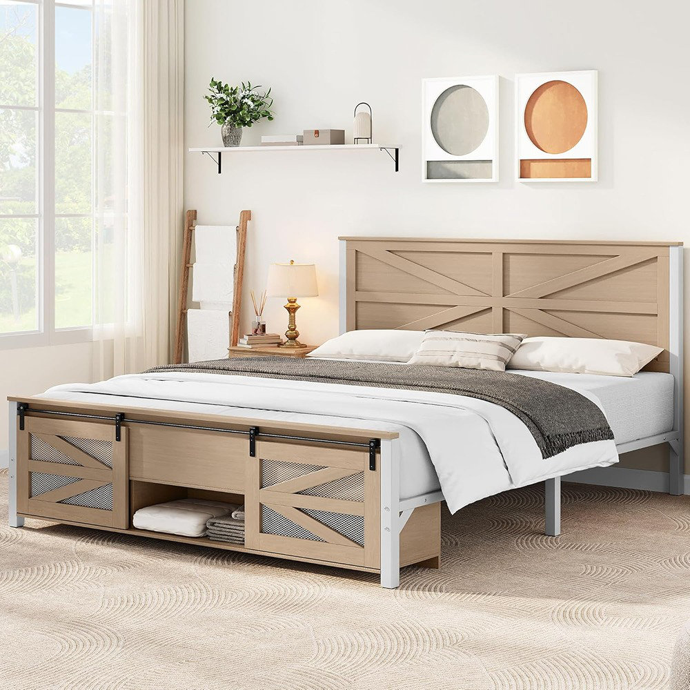Ebern Designs Queen Size Farmhouse Wood Bed Frame With Sliding Barn ...