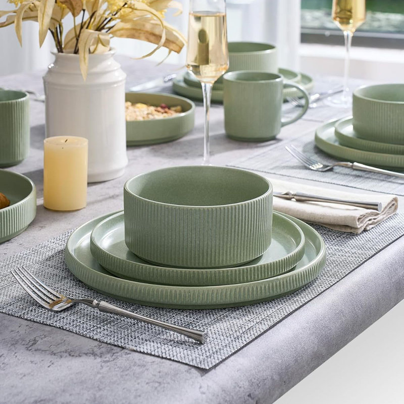 12-Piece Stoneware Dinnerware Sets for 4 Dishwasher Safe, Matte Sage Green