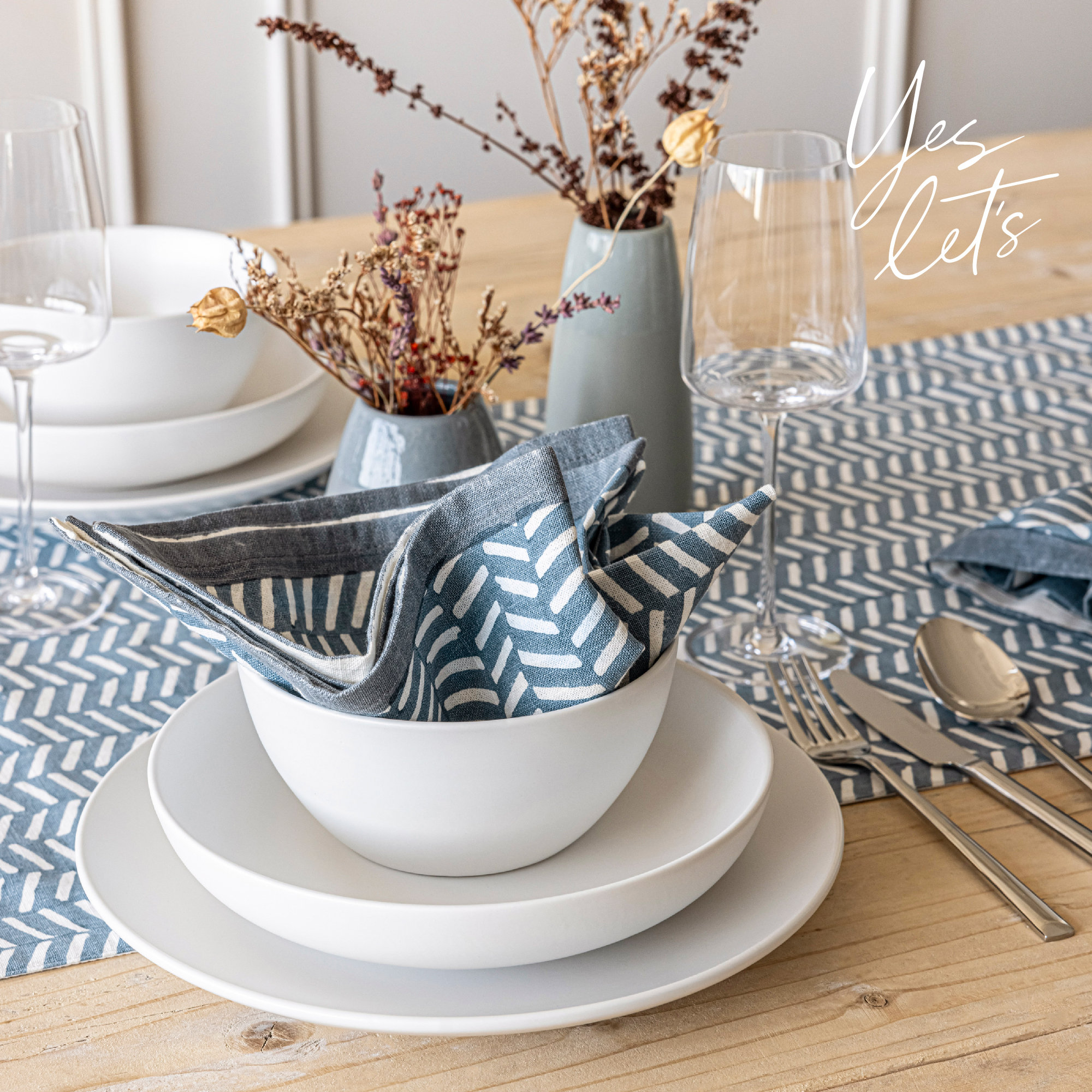 over&back Hand-Blocked Napkins, Set of 4, Blue Herringbone