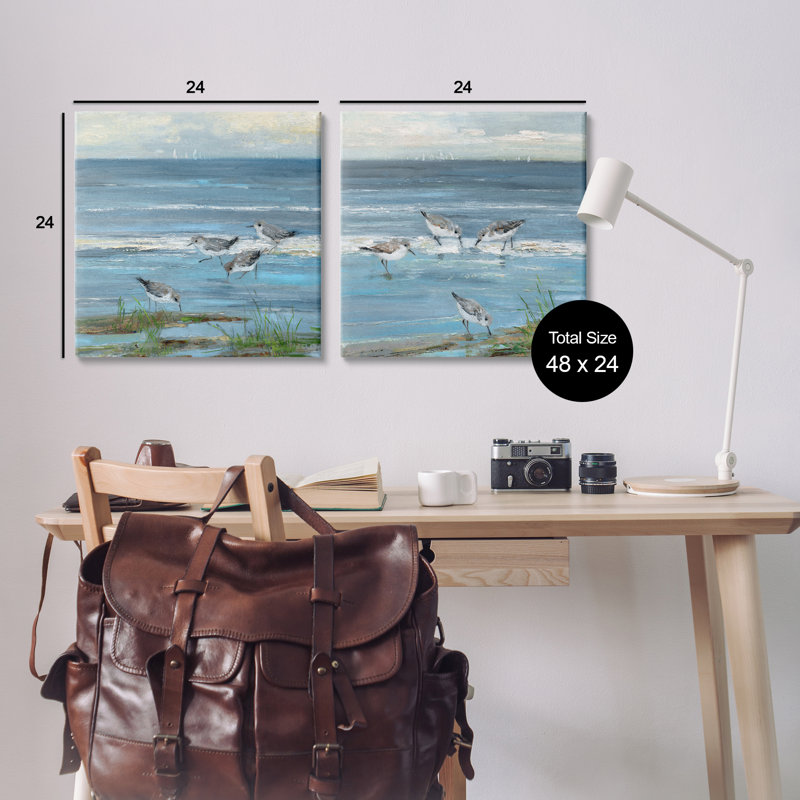 «Beach Shore with Sandpipers & Grass», ensemble de 2 toiles d'art mural, design par Sally Swatland, H 24 po x l 24 po
