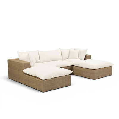 Cali Natural Performance Fabric & Brown Wicker Modular Outdoor Small U-chaise Sectional