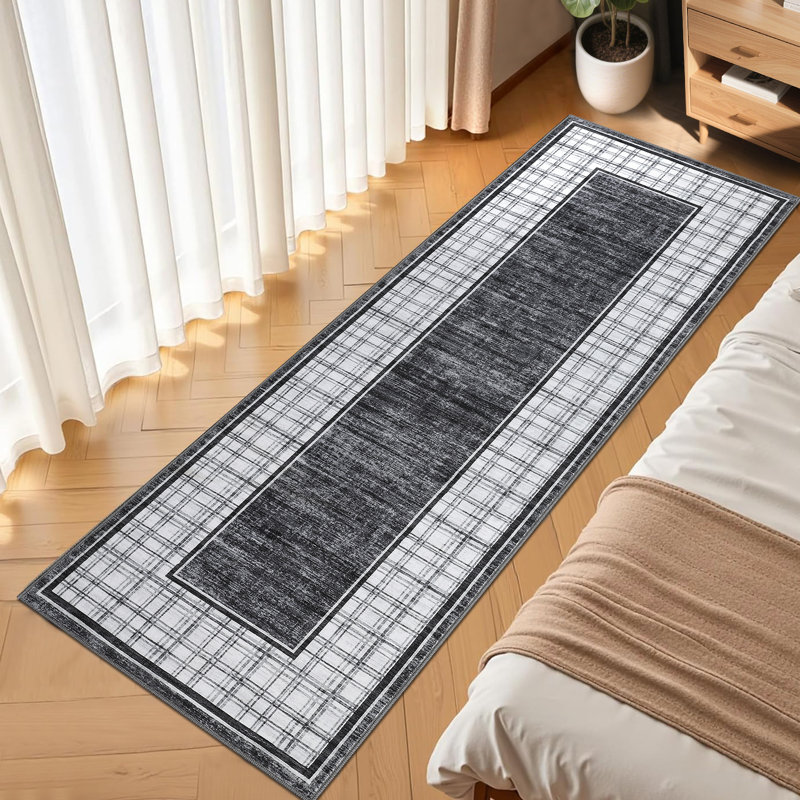 Modern Plaid Machine Washable Rug with Non-Slip Backing, Foldable Low Pile Floor Cover, Contemporary Bordered Indoor Mat for Bedroom, Living Room