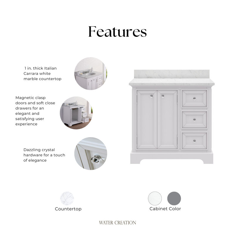Derby 36" Carrara White Marble Countertop Bath Vanity with Faucet, No, White