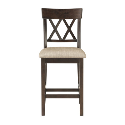 2 chaises à hauteur de comptoir brun foncé, double dossier croisé, siège rembourré en tissu pour salle à manger de 2 sièges