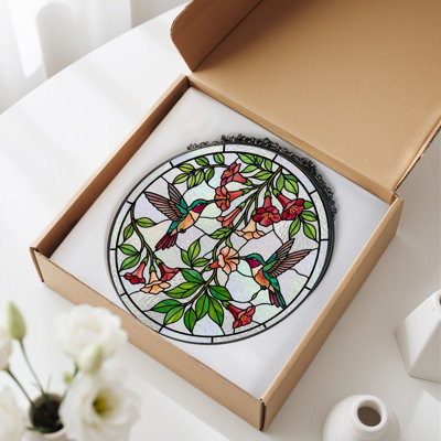 Hummingbird Flowers Stained Glass Window Panel，12"H