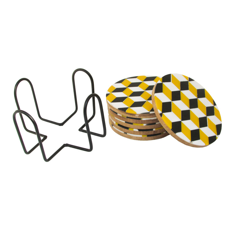 Ensemble de sous-verres géométriques en bois avec support, Jaune, 3D