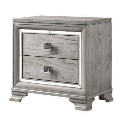 Table de chevet en bois massif gris avec 2 tiroirs de rangement et 2 miroirs glamour - Precious
