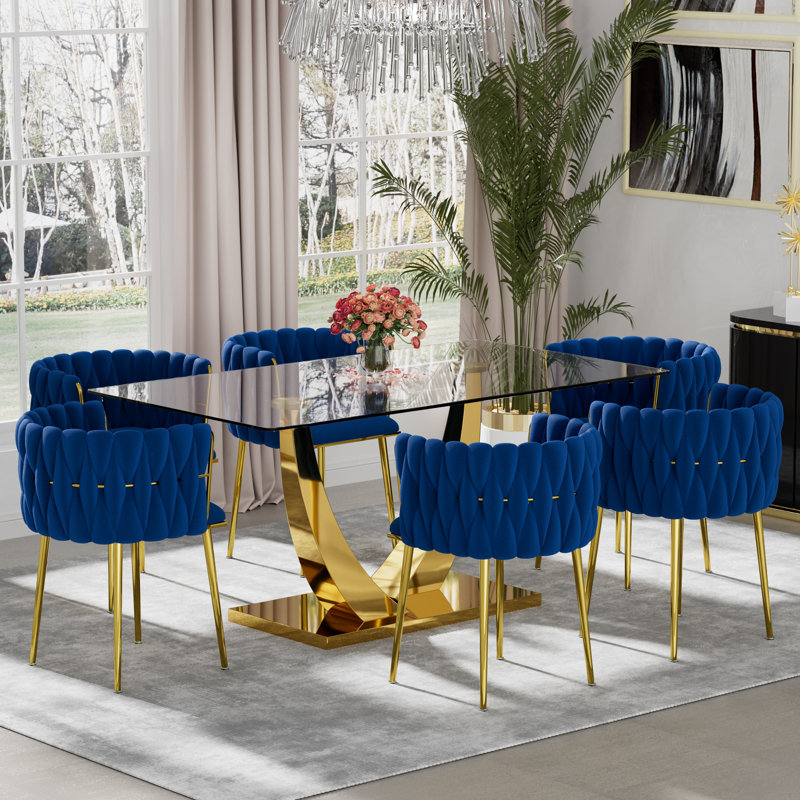 Ensemble de salle à manger rectangulaire à piédestal avec chaise tissée, Bleu très foncé, Doré