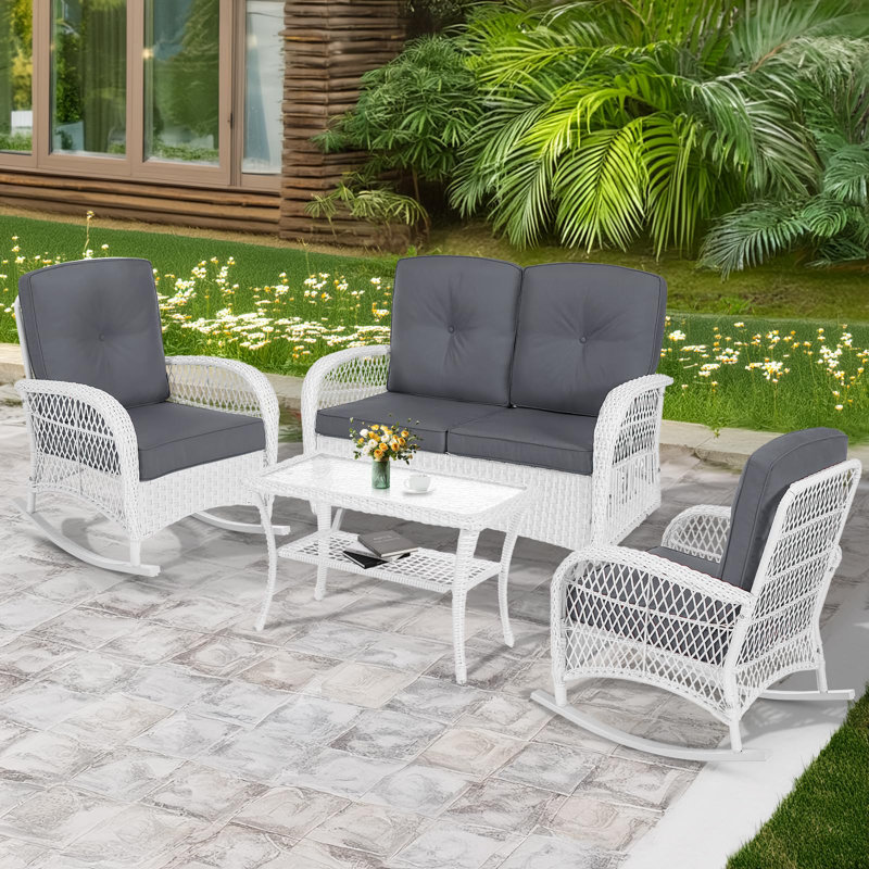 Winston Porter 4 Pieces Outdoor Wicker Patio Conversation Sets With Glider Loveseat, 2 Chairs With Coffee Table Wicker Rocking Chair Set, Patio Furniture Set With Thickened Cushions, White Wicker