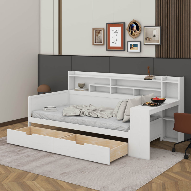 Lit de jour simple avec tablettes de rangement, tiroirs et bureau d'étude, Blanc antique