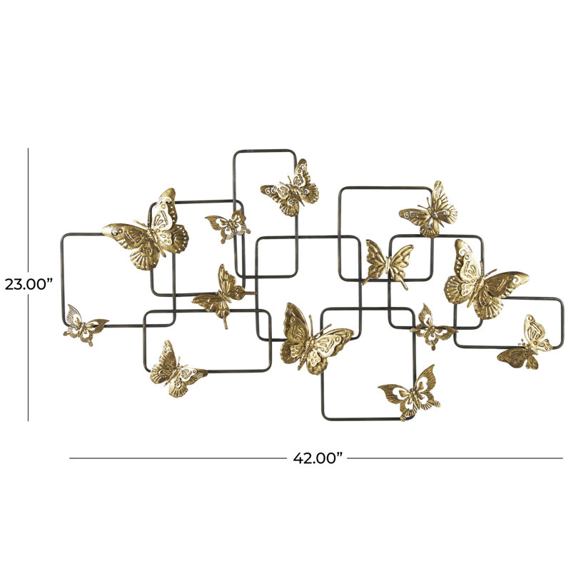 Asinat Metal Butterfly Gold Wall Decor with Black Open Rectangles