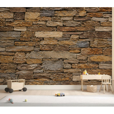 Wall Mural Peel and Stick Wallpaper Rustic Stacked Stone Wall Earth Tone Brown Gray Self-Adhesive Removable Contact Paper Wall Decor for Living Room Bedroom 69"H x 96"W